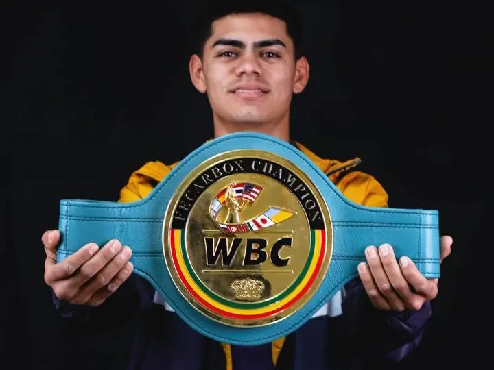 Sergio "Yoreme" Mendoza, pictured here with a regional WBC title belt won earlier in his career.