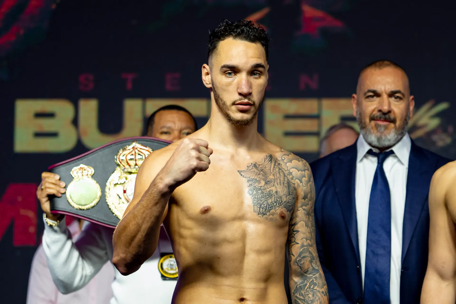 Steven Butler poses after making weight for his fight with Ramadan Hiseni.