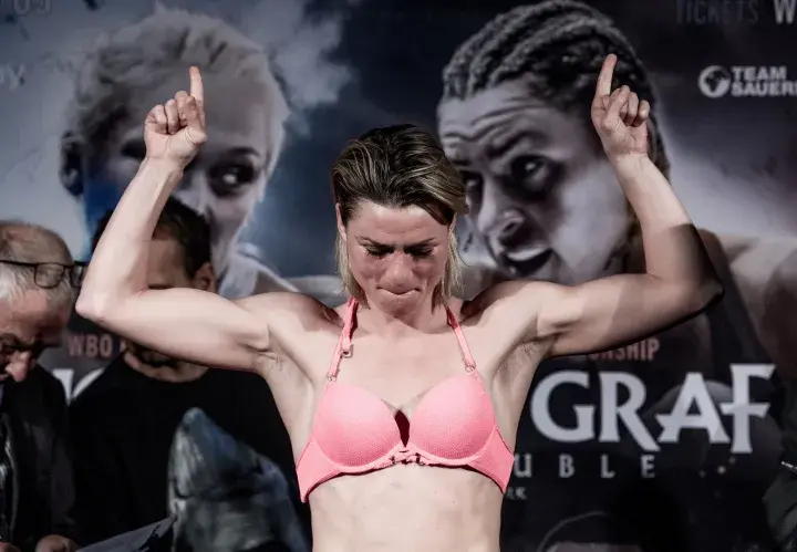 Alessia Graf weighs in for her boxing match with Dina Thorslund.