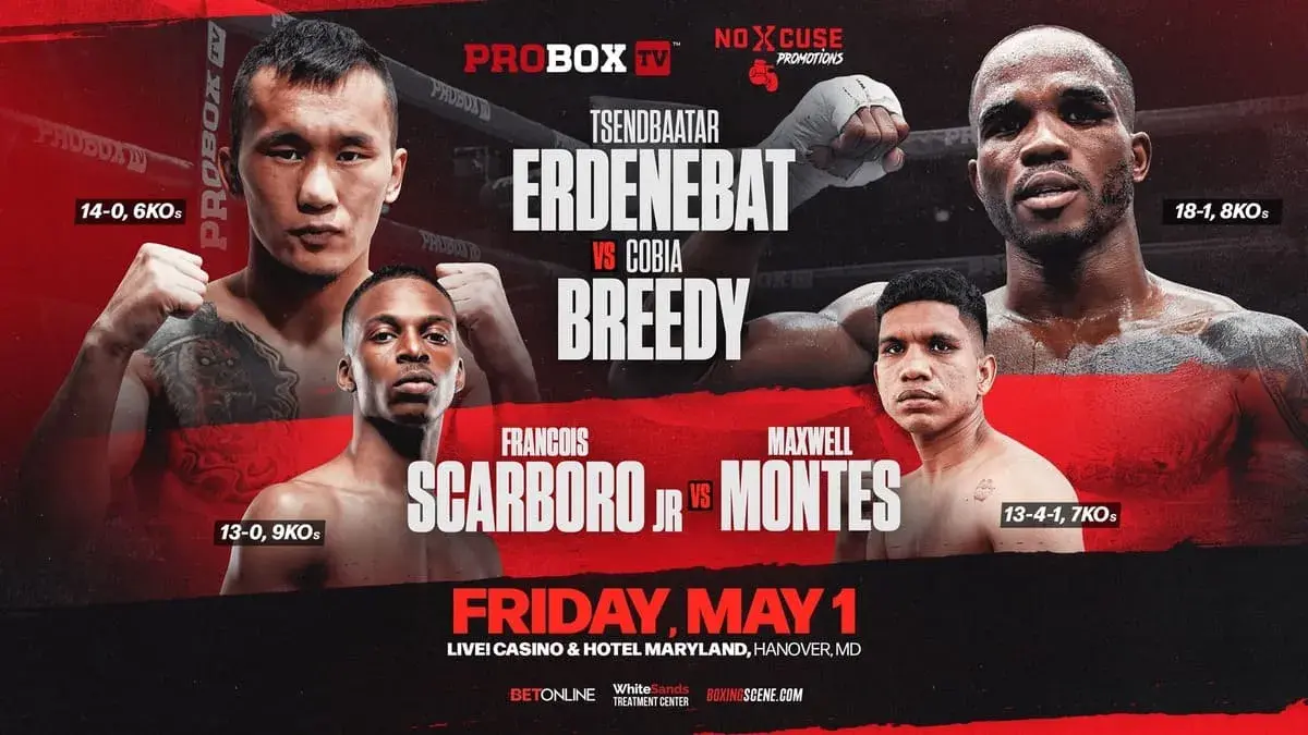 Fight art for the bout between Tsendbaatar Erdenebat and Cobia Breedy.