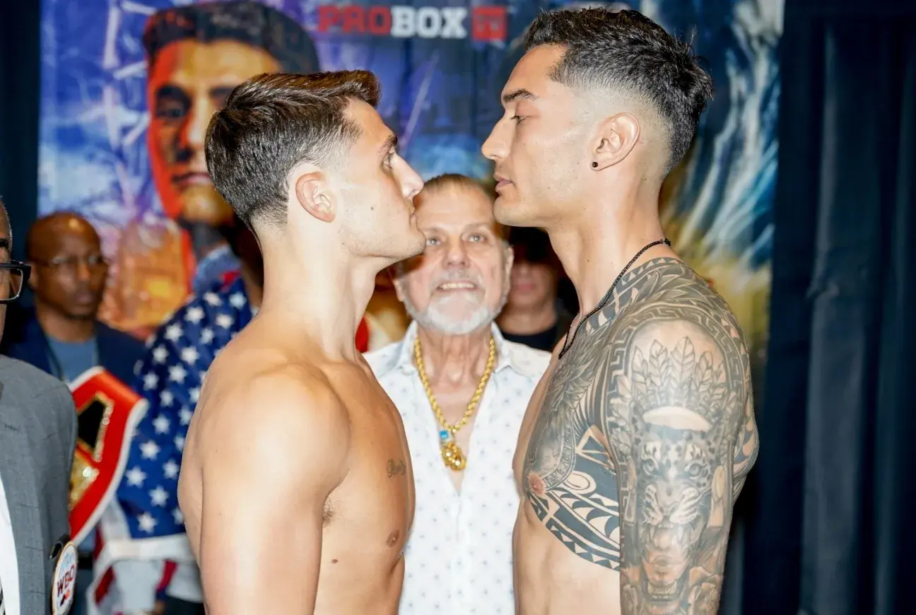 Vito Mielnicki and Omar Huerta face-off at the weigh-in the day before they meet in a ProBox main event.