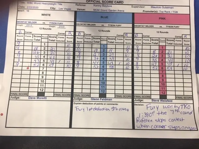 Wilder Fury Official Rematch Scorecards