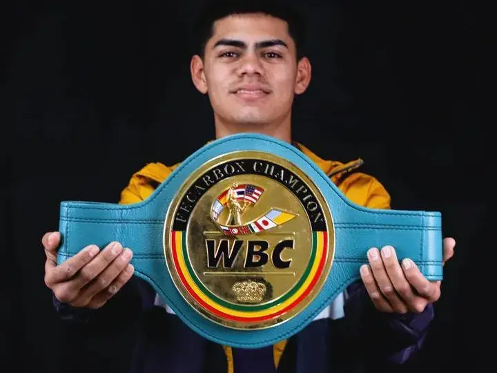 Sergio "Yoreme" Mendoza, pictured here with a regional WBC title belt won earlier in his career.
