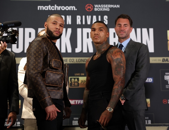 PICTURED: Chris Eubank Jr dons $10,000 Floyd Mayweather-style Louis Vuitton  jacket at first Conor Benn press conference